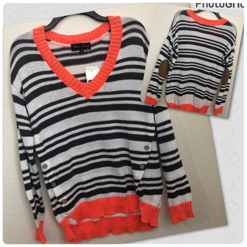 Miss Daisy Womens Medium V-Neck Sweater Elbow Patch Knit Striped NWT
